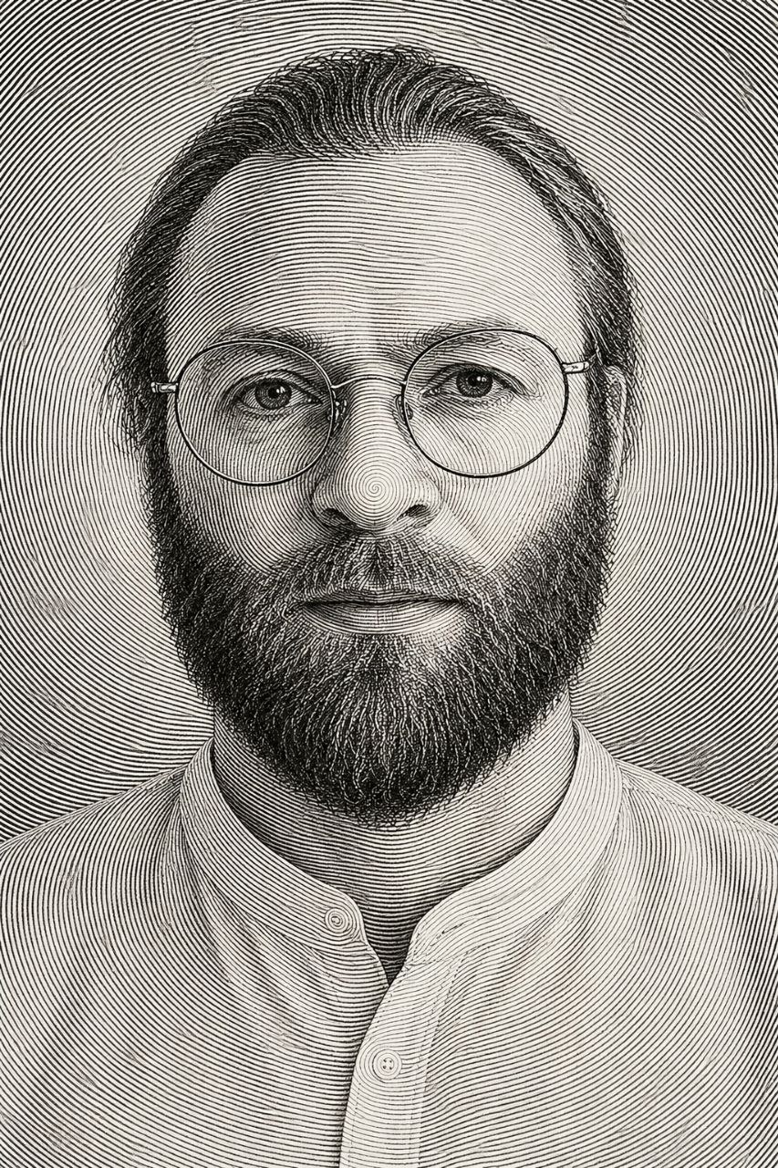 Portrait of Netatmana: a bearded man in round glasses, line drawing
